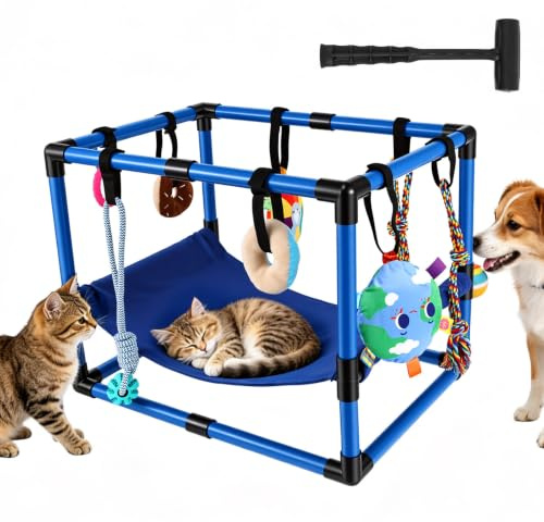 Welpen Spielgerüst, Welpenspielhalle mit 8 Spielzeugen Dschungelspielplatz Turnhalle für Kleine Hunde Hundespielplatz mit PVC Rahmen Hängematte zum Unterhaltung für Training Beruhigung (Blau)