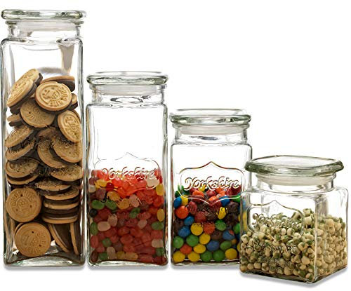 Circleware Yorkshire Heritage Antique Mason Jar Glass Canisters with Lids, Set of 4, Kitchen Glassware Food Preserving Containers for Coffee, Sugar, Tea, Cereal, 80 oz, 57 oz, 43 oz, 28 oz