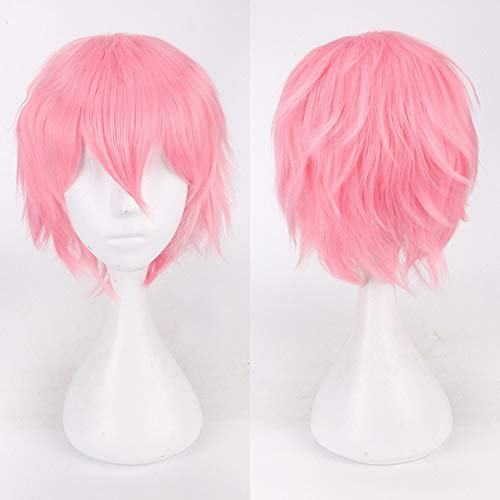GJBXP Günstige Kunsthaar Kurze Wellige Männer Perücke Cosplay Schwarz Weiß Blond Braun Lila Rosa Blau Rot Orange Grau Silber Anime perücken rosa