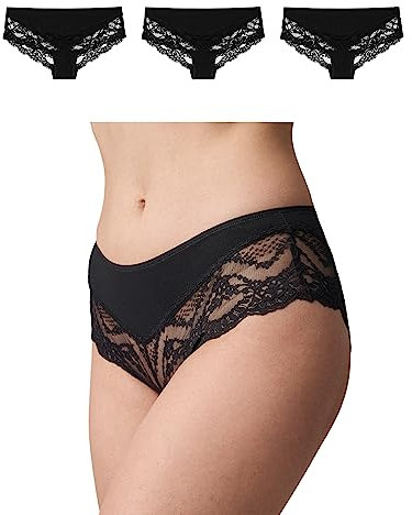 Snocks 3er Pack Hipster Lace - Damen Baumwolle Panties mit Spitze - Unterhose Damen Slip - Gr. M - Farbe Schwarz