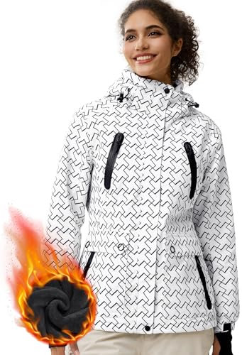 FREE SOLDIER Wasserdichte Damen-Ski-Schneejacke, mit Fleece gefüttert, warme Winter-Regenjacke mit Kapuze, vollständig versiegelte Nähte (geometrisches Karo, L)