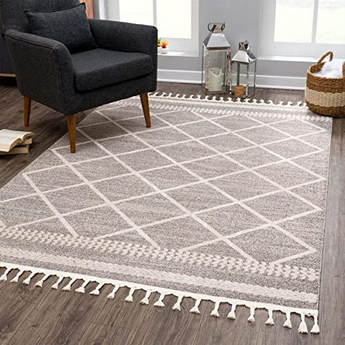 carpet city Teppich Ethno Wohnzimmer Mocca - 140x200 cm - Raute-Berber-Muster - Boho-Teppiche Kurzflor Modern - Fransenteppich Tricolor Soft&Weich - Flachflor Schlafzimmer