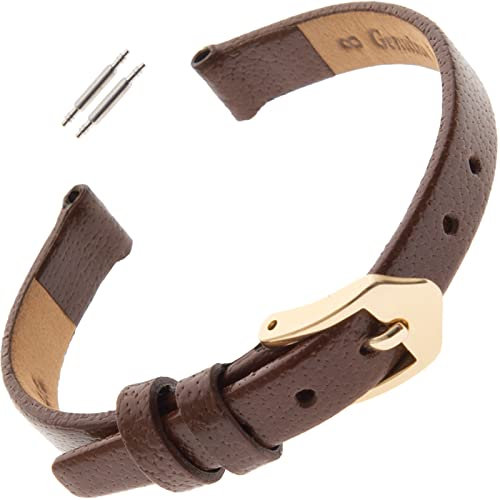 Gilden F66XL-0212 Damenuhrenarmband, flach, poliertes Leder, 12 mm, extra lang, braun, goldfarbene Schnalle, 6–14 mm