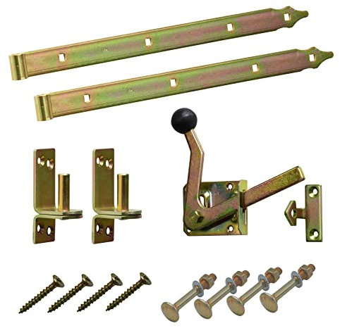 BRESKO Ladenband Set Gartentor Scharnier Torband, Kloben, Gartentorfalle und Schrauben 2er Set gelb Stahl verzinkt 300-800 mm Türband Torbeschlag (2er Set - 300x30 mm - Ø10 mm)