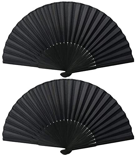 Folding Hand Fans, 2 Pcs Handheld Folding Fan, Black Folding Hand Fan for Women Men, Chinese Silk Fabric Handheld Fan for Wedding Party Decoration Birthday Gifts