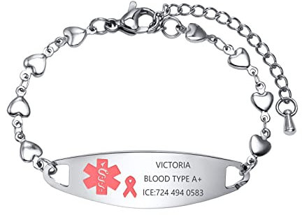 FLHEART Medizinischer Alarm Armbänder Damen : Edelstahl Mode zartes Herz Kette Krebs Bewusstsein Symbol frei Gravur medizinische ID Armband für Frauen Mädchen, wasserdicht & einstellbar