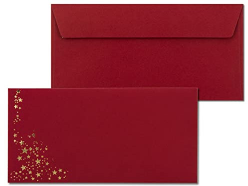 50x Briefumschläge mit Metallic Sternen - DIN Lang - Gold geprägter Sternenregen - Farbe: dunkelrot, Haftklebung, 120 g/m² - 110 x 220 mm - ideal für Weihnachten