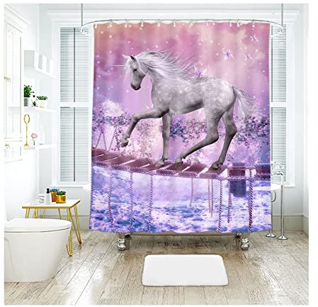 Curtains for Bathroom, Multicolor Shower Curtain Set Single Bridge, White Horse Wonderland Shower Curtain Waterproof 79X71 Shower Curtain