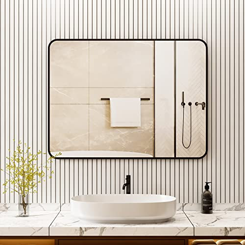 Boromal Spiegel Schwarz 40x60cm Rechteckiger Rahmen Badspiegel Schwarz Vertikal/Horizontal Badezimmerspiegel Schwarz Wandspiegel Schwarz Morden Dekorative Schwarzer Spiegel