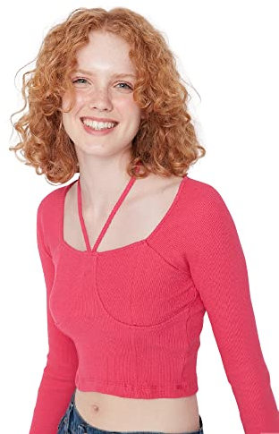 Trendyol Camicetta in Maglia con Colletto Quadrato Basic da Donna Camicia, Fucsia, S