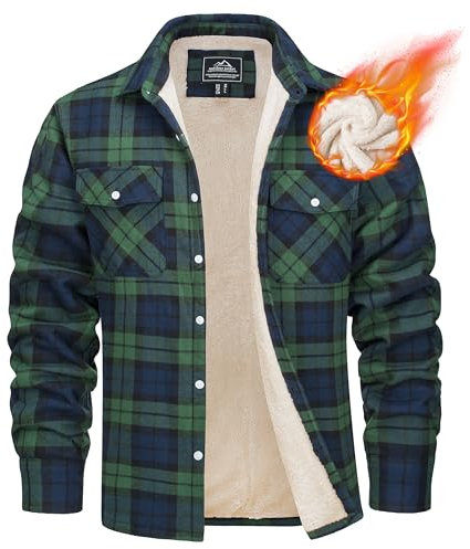MAGCOMSEN Veste d'hiver pour homme - Doublée - Veste thermique à carreaux - Chemise de loisirs avec plusieurs poches - En coton - Chaude, vert, L