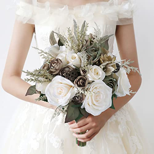KiKom Hochzeitsstrauß Vintage Stil Künstliche Blumen Cremeweiß Khaki Rose Braut Brautstrauß Brautjungfer Hochzeit Dekoration Blumensträuße