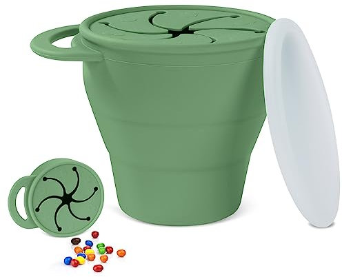 Vicloon Snack Becher, Snackbecher Silikon, Zusammenklappbarer Baby-Snackbecher aus Silikon, Praktische Aufbewahrung Greifbox mit Deckel Cup, Snack Becher Für Babys Und Kleinkinder (Grün)