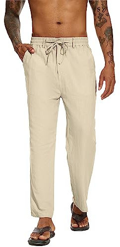 YAOBAOLE Pantalon Coton Lin Homme Yoga Décontracté Pantalons Toile Homme Leger Eté Pantalon Taille Elastique Placket Zipper