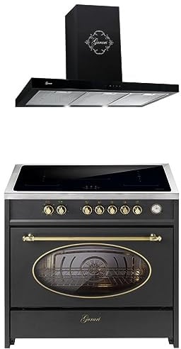 GURARI Induktions-Standherd E 913 RU BL+ GCH F 462 BL 9 Prime, Retro Range Cooker 90 cm/FLEX ZONEN/ 5 Zonen / 121L + Dunstabzugshaube 90 cm