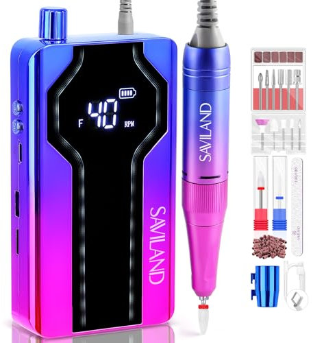 SAVILAND Electric Nail Drill Professional:Night Elf Colors- 40000RPM Nail Drill Machine|Faster Removal Acrylic Nails& Large Battery Capacity Satisfy for Nail Art,Pedicure Manicure Home Nail Salon