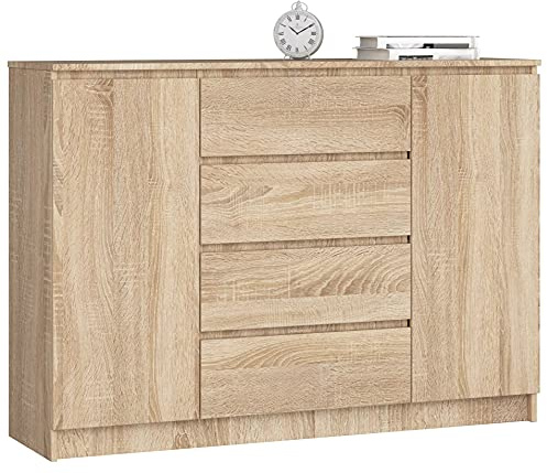 AKORD Kommode K 140 cm 4 Schubladen und 2 Türen | zum Wohnzimmer Schlafzimmer Arbeitszimmer | Modernes funktionales Design | Schichtstoffplatte Farbe Sonoma