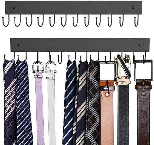 HAILMAJOR Colgador de cinturón para colgar en la pared, organizador de cinturón de madera, 2 unidades con capacidad máxima de almacenamiento de 24, ganchos giratorios de 180° para ahorrar espacio para