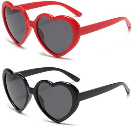 YUELUQU Herz Sonnenbrille Damen Herren Polarisierte 90er Vintage Festival accessoires Party brille (Rot+ Schwarz)