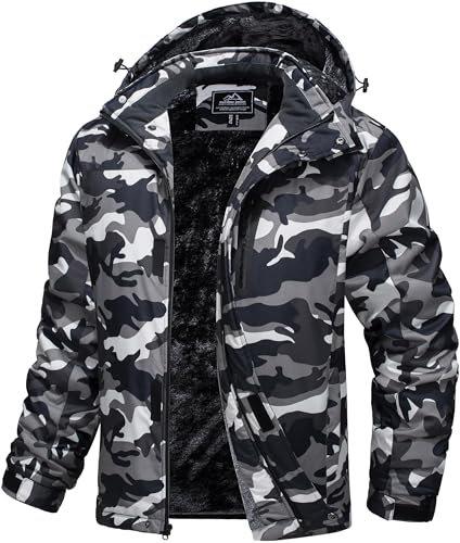 MAGCOMSEN Herren Wame Winterjacke Winddicht Fleece Softshelljacke Atmungsaktiv Wasserdicht Skijacke Snowboardjacke Multi Taschen Arbeitsjacke Schwarz Camo M