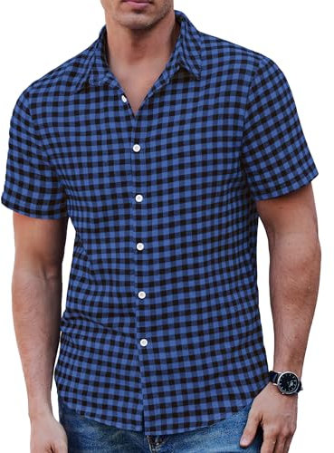 COOFANDY Hemden Kariert Herren Freizeithemden Kurzarm Sommerhemd Karo Hemd Männer Regular Fit Blau Schwarz XL
