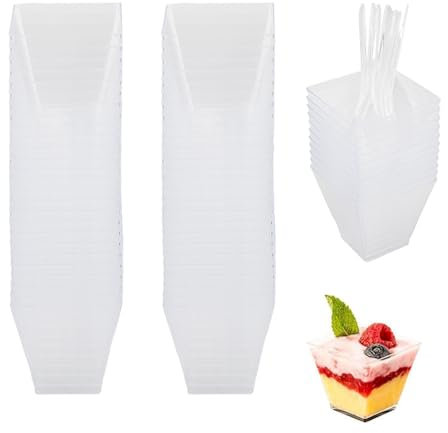 Atliberswo 50 Coupes à dessert, coupelle plastique, 60 ml, réutilisables, avec 50 cuillères Incluses. Idéales pour la réalisation de desserts maison tels que mousse, pudding, glace, etc