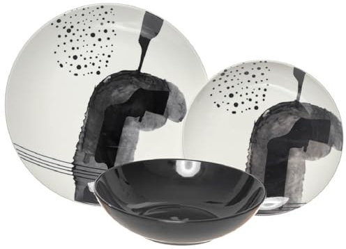 VAJILLA PORCELANA GRES MORDERNA CALIDAD 6 PERSONAS (18 PIEZAS) NEGRO BLANCO