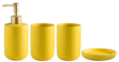 Icegrey Badezimmer Accessoires Set Modernes Keramik Set 4-Teilig Toilettenartikel Set Badezimmer Zahnbürstenbecher Set Gelb
