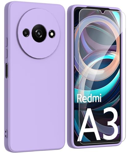 ARRYNN Funda Xiaomi Redmi A3 4G (6.71) con Cristal Templado Protector de Pantalla,Ultra Slim Protectora Funda de Silicona Líquida Suave Case Cover para Xiaomi Redmi A3 4G - Púrpura