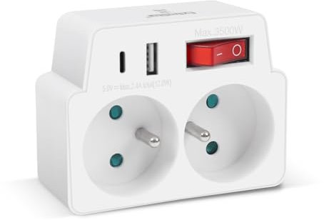 EXTRASTAR Multiprise Murale, Adapteur Fiche Multiprise Biplite avec Interrupteur pour façade, Aver 2 Prise Murale et Ports USB, Type C