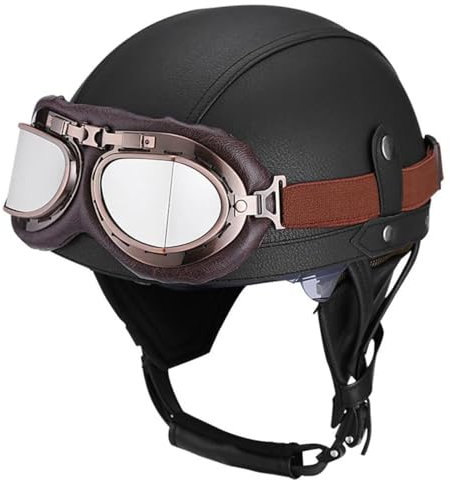 Mezzo Casco Jet Moto Retrò ECE Omologato Pelle Stile Tedesco Casco Scodella Moto Caschi Cromwell Con Visiera Casco Da Motociclista Per Uomo Donna Biker Cruiser Scooter 1,M:57-58CM
