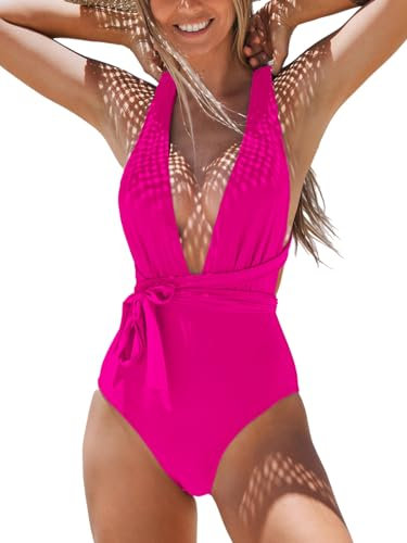 CUPSHE Costume da bagno intero da donna sexy con scollo a V profondo e incrocio sulla schiena, Rosa fluo, XS