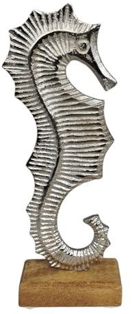 Goldbach Seepferdchen aus Aluminium auf Holzsockel 26cm groß Alu maritim Skulptur Geschenk Metall Seepferd
