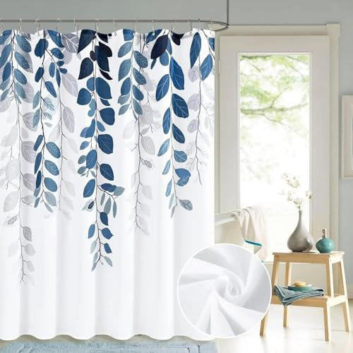 Tenda da doccia con foglie di piante ad acquerello blu, in tessuto di poliestere resistente, impermeabile, lavabile, 182 x 183 cm, design squisito per l'arredamento del bagno