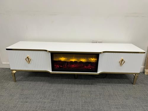 Stella Furniture Ltd Realistic Flame Effect TV Unit | Realistic Fire Effect TV Cabinet | Fire Insert TV Stand 160x40x50cm | Remote controlled fireplace effect TV unit (WHITE/GOLD)