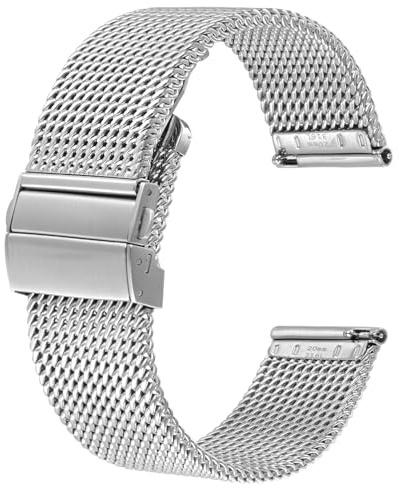 BISONSTRAP Metall Uhrenarmband, Faltschließe, 316L Edelstahl Mesh Armband, Schnellverschluss Ersatzarmband für Damen und Herren, 18mm, Silber