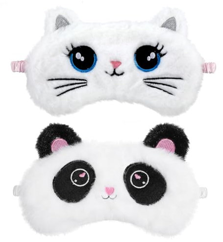 YUXIANLB 2 Stück Plüsch Schlafmaske Für Kinder Bunte Weiche Schlafaugenmaske Niedliche Tier Augenbinde Schlafmaske Satin Augenabdeckung Für Frauen Kinder Reisen Nickerchen Geschenk Panda Katze