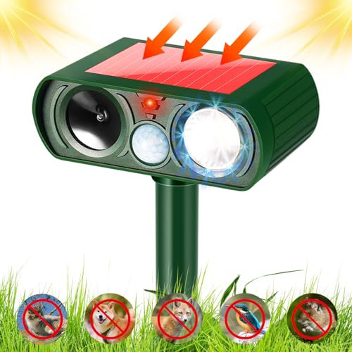Ahuyentador de gatos para jardín, ultrasónico, solar, impermeable, con luz LED, detector de movimiento PIR, ahuyentador de martas, ahuyentador de martas, gatos, mapache, ahuyentador de perros