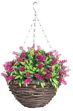 Best Artificial 10 inch Lavender Hanging Basket - Suitable for Outdoor Use - Weather Resistant (Pink)