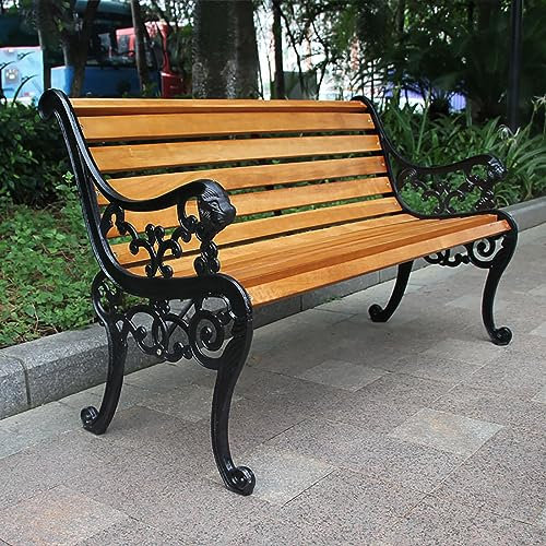SnamicE Metallbank für den Außenbereich, mit Gusseisenrahmen und Gartenbank aus Holz – Retro-Verandabank mit Rückenlehne und Armlehne – Parkbänke, Gartenbank,C-125cm/49in,C-125cm/49in