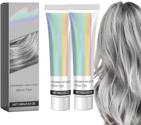 2-in-1-Silberhaarfarbe mit natürlichem Essenzextrakt, silbergraue natürliche Haarfärbecreme, silberne Metallic-Haarfarbe, Unisex-DIY-Mode-Silberhaarfarbe permanent, einfach (2PCS)