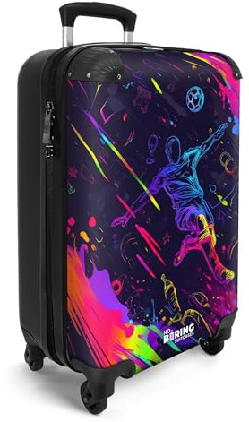 NoBoringSuitcases© Handgepäckskoffer Kinder Reisekoffer Kinderkoffer 4 | 55x35x20 cm - Rollen Leicht Koffer Cabin Trolley Hartschalenkoffer Kind Fußball - Graffiti - Neon