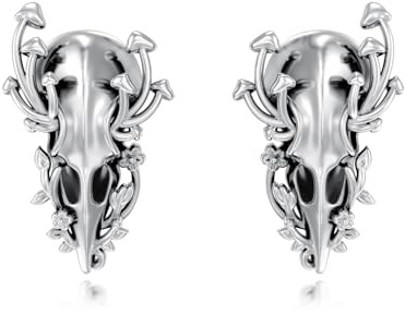 Raben Schädel Ohrringe 925 Sterling Silber Pilz Raven Ohrstecker Punk Wikinger Vogelschädel Ohrringe Halloween Schmuck für Herren Männer Damen