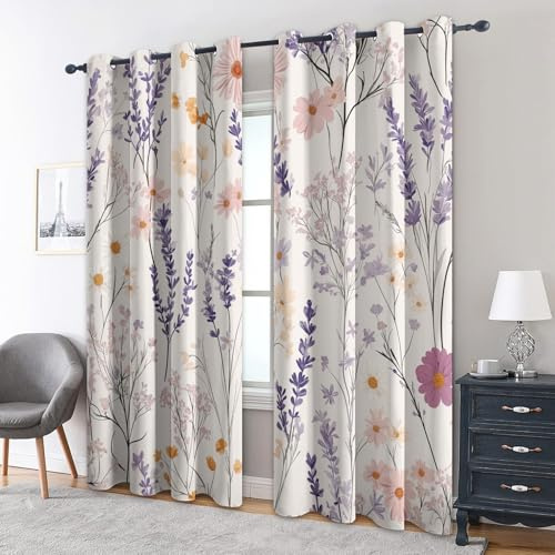 Generisch Blickdichte Vorhänge Gänseblümchen Lavendel Muster, H 260 x B 140 2er Set - Lila Rosa Blumen Fenster Gardinen mit Ösen, 260 cm Lang Curtains Wohnzimmer Schlafzimmer Deko JU190