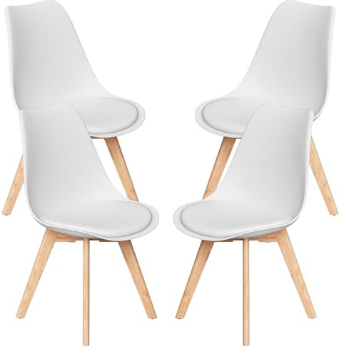 Stanew Lot de 4 Chaises Blanches – Chaise Salle à Manger Scandinave, Chaise Cuisine, Salon, Design Nordique, Assise Confortable, Pieds Bois