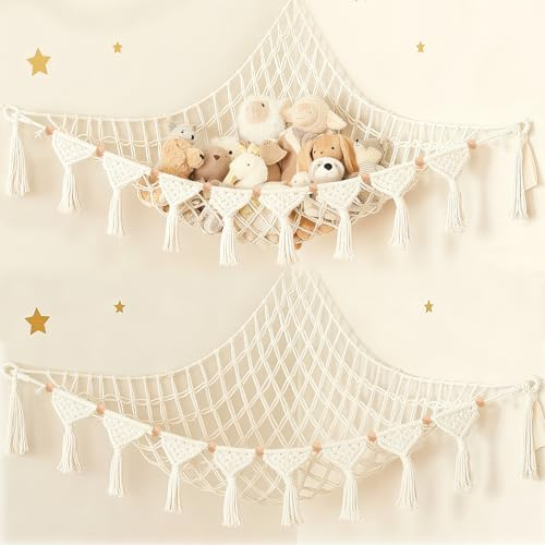Kuscheltier Aufbewahrung Netz – Stofftier Hängematte Boho Makramee, Plüschtier Aufbewahrung Netz für Kuscheltiere Hängend Spielzeug Organizer für Kinderzimmer Deko