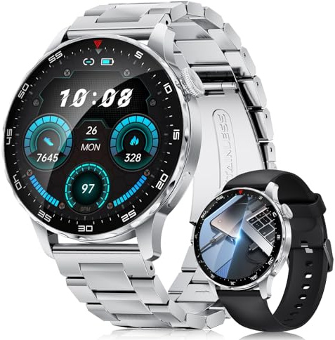 LIGE Smartwatch Herren 1.43''AMOLED Smartwatch Mit Telefonfunktion Fitnessuhr 100+Sportmodi/IP68/750mAh, Militärs Smart Watch Kompatibel Mit iOS Android Schwarz Silber