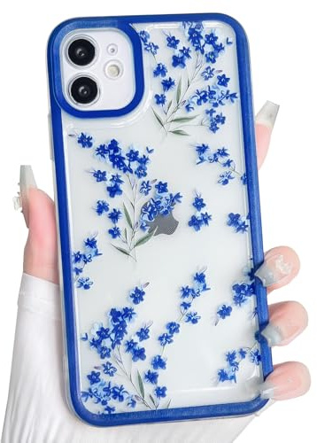 NITITOP Compatible with iPhone 12 Mini Case Clear Cute Flower Floral Branch Design for Women Girls Color Frame Transparent Slim Soft TPU Shockproof Protective Cover - Blue