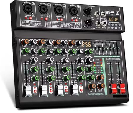 DJ Controller, 4 Channel 256 DSP Effect Mixer Record PC 48V Phantom Power USB Sound Mixers Bluetooth DJ Console Mixing