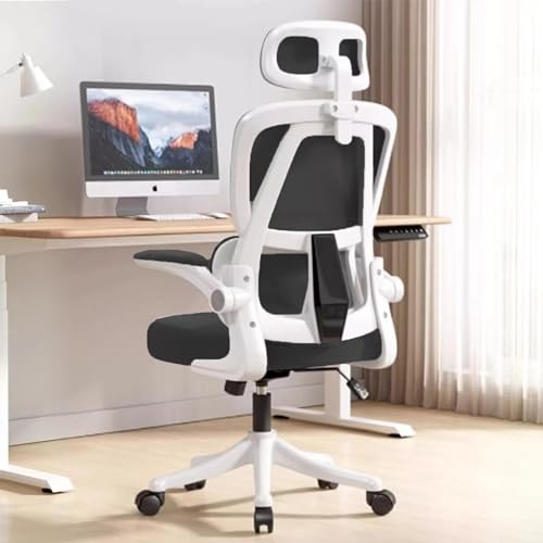 XUEGW Ergonomischer Bürostuhl - Schwarz und weiß | Höhenverstellbarer Schreibtischstuhl mit Hochrücken,Mesh und Lendenstütze,Hochklappbaren Armlehnen | Für Homeoffice,Gaming,Studium